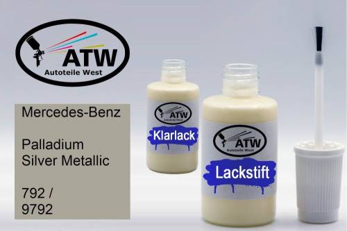 Mercedes-Benz, Palladium Silver Metallic, 792 / 9792: 20ml Lackstift + 20ml Klarlack - Set, von ATW Autoteile West.